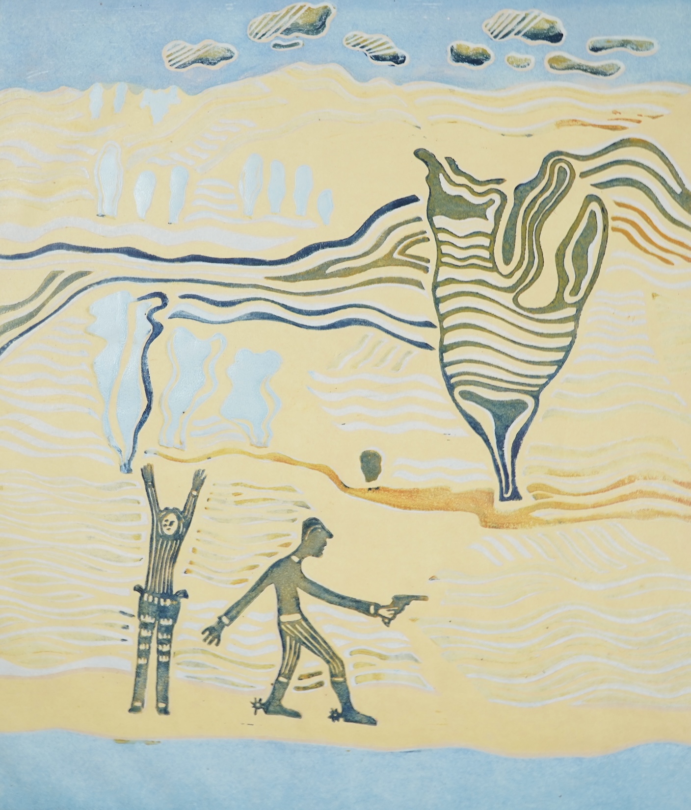 Andrew Chrysafi (b.1938), The Wildwest, linocut, signed verso, mounted, unframed, 46 x 40cm
